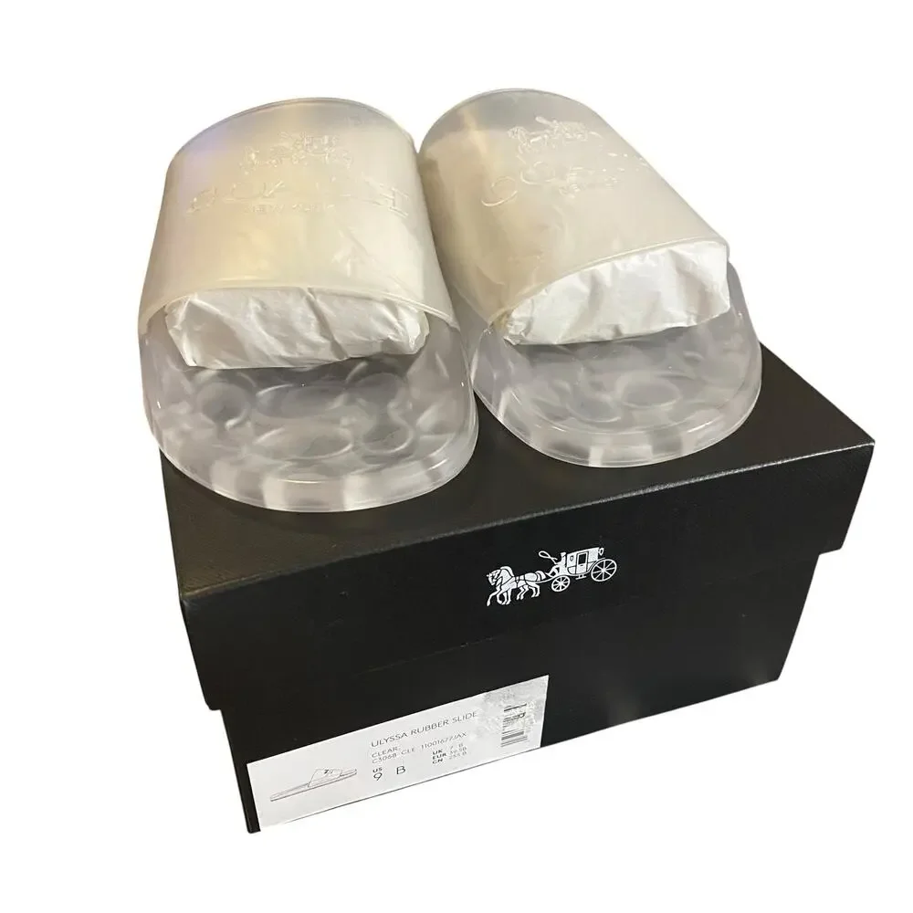 NIB Size 9B COACH Ulyssa Clear Water-Resistant Jelly Rubber Logo Slip-On Slides